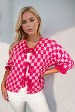 Load image into Gallery viewer, Double Take Tied Checkered Dropped Shoulder Flounce Sleeve Cardigan
