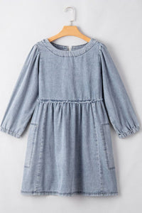 Cutout Round Neck Balloon Sleeve Denim Dress