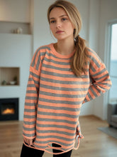 Load image into Gallery viewer, Distressed Striped Round Neck Long Sleeve Sweater
