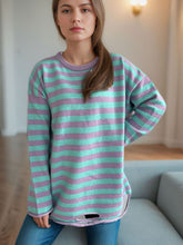 Load image into Gallery viewer, Distressed Striped Round Neck Long Sleeve Sweater
