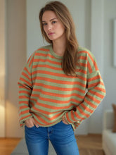 Load image into Gallery viewer, Distressed Striped Round Neck Long Sleeve Sweater
