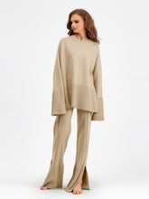 Load image into Gallery viewer, Basic Bae Slit Round Neck Long Sleeve Top and Drawstring Pants Sweater Set
