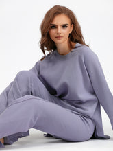 Load image into Gallery viewer, Basic Bae Slit Round Neck Long Sleeve Top and Drawstring Pants Sweater Set
