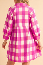 Load image into Gallery viewer, Ruched Plaid Three-Quarter Sleeve Shirt Dress
