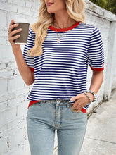 Load image into Gallery viewer, Lovelet Striped Contrast Round Neck Half Sleeve Knit Top
