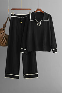 Contrast Trim Johnny Collar Top and Drawstring Pants Sweater Set