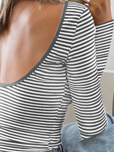 Devine Backless Striped Boat Neck Long Sleeve T-Shirt