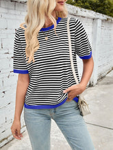 Load image into Gallery viewer, Lovelet Striped Contrast Round Neck Half Sleeve Knit Top
