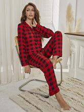 Load image into Gallery viewer, Plaid Collared Neck Long Sleeve Top and Pants Lounge Set
