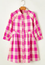Load image into Gallery viewer, Ruched Plaid Three-Quarter Sleeve Shirt Dress
