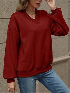 V-Neck Long Sleeve Dropped Shoulder Sweatshirt