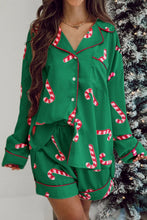 Load image into Gallery viewer, Candy Cane Collared Neck Long Sleeve Top and Shorts Lounge Set
