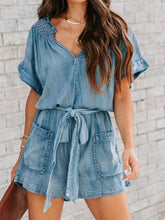 Load image into Gallery viewer, Notched Tie Waist Denim Romper
