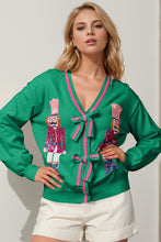 Load image into Gallery viewer, Double Take Full Size Nutcracker Sequin Bow Decor Cardigan
