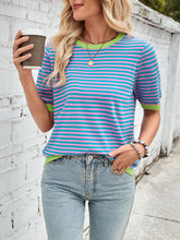 Load image into Gallery viewer, Lovelet Striped Contrast Round Neck Half Sleeve Knit Top
