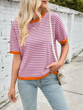 Load image into Gallery viewer, Lovelet Striped Contrast Round Neck Half Sleeve Knit Top
