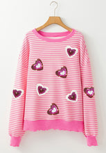 Load image into Gallery viewer, Valentine’s Day Sequin Heart Striped Round Neck Long Sleeve Sweatshirt
