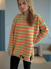 Load image into Gallery viewer, Distressed Striped Round Neck Long Sleeve Sweater
