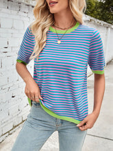 Load image into Gallery viewer, Lovelet Striped Contrast Round Neck Half Sleeve Knit Top
