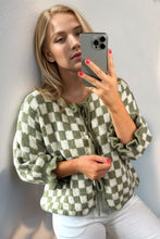 Load image into Gallery viewer, Double Take Tied Checkered Dropped Shoulder Flounce Sleeve Cardigan
