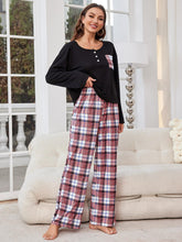 Load image into Gallery viewer, Round Neck Long Sleeve Top and Plaid Pants Lounge Set
