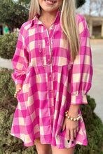 Load image into Gallery viewer, Ruched Plaid Three-Quarter Sleeve Shirt Dress
