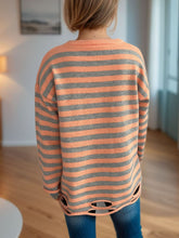 Load image into Gallery viewer, Distressed Striped Round Neck Long Sleeve Sweater
