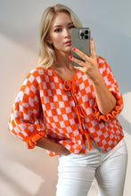 Load image into Gallery viewer, Double Take Tied Checkered Dropped Shoulder Flounce Sleeve Cardigan
