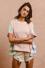 Load image into Gallery viewer, BiBi Slit Exposed Seam Striped Round Neck Short Sleeve T-Shirt
