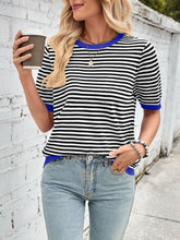 Load image into Gallery viewer, Lovelet Striped Contrast Round Neck Half Sleeve Knit Top
