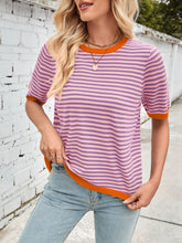 Load image into Gallery viewer, Lovelet Striped Contrast Round Neck Half Sleeve Knit Top
