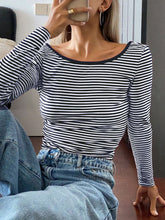 Load image into Gallery viewer, Devine Backless Striped Boat Neck Long Sleeve T-Shirt
