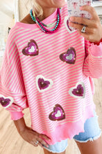 Load image into Gallery viewer, Valentine’s Day Sequin Heart Striped Round Neck Long Sleeve Sweatshirt
