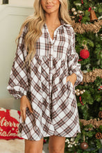 Load image into Gallery viewer, Full Size Plaid Collared Neck Balloon Sleeve Mini Shirt Dress
