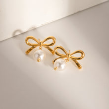 Load image into Gallery viewer, Stainless Steel Bow Pearl Earrings
