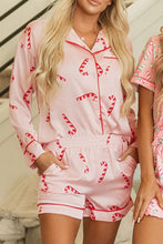 Load image into Gallery viewer, Candy Cane Collared Neck Long Sleeve Top and Shorts Lounge Set
