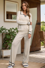 Load image into Gallery viewer, Contrast Trim Johnny Collar Top and Drawstring Pants Sweater Set
