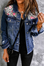 Load image into Gallery viewer, Mixed Print Distressed Button Front Denim Jacket
