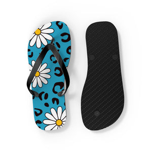 Leopard Daisy Teal Flip Flops