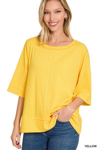 RIBBED BOAT NECK DOLMAN SLEEVE TOP W FRONT SEAM
