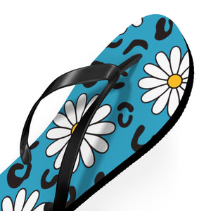 Leopard Daisy Teal Flip Flops