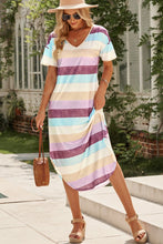 Load image into Gallery viewer, Striped V-Neck Curved Hem Midi Dress
