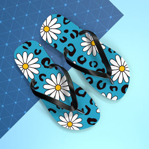 Leopard Daisy Teal Flip Flops