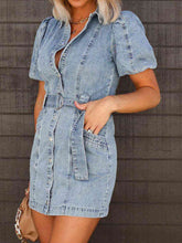 Load image into Gallery viewer, Puff Sleeve Button Up Mini Denim Dress
