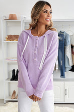 Load image into Gallery viewer, Lace Trim Half-Button Drawstring Knit Hoodie

