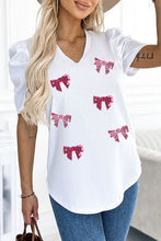 Load image into Gallery viewer, Sequin Bow Print V-Neck Puff Sleeve Blouse
