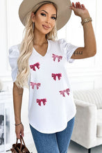 Load image into Gallery viewer, Sequin Bow Print V-Neck Puff Sleeve Blouse
