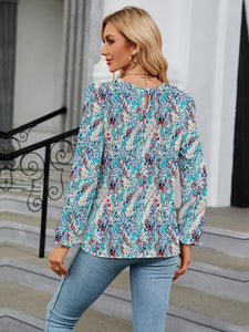 Printed Round Neck Flounce Sleeve Blouse