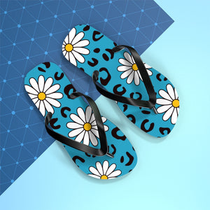 Leopard Daisy Teal Flip Flops