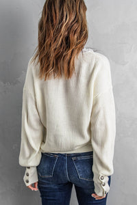 Lace Trim V-Neck Button Cuff Rib-Knit Sweater